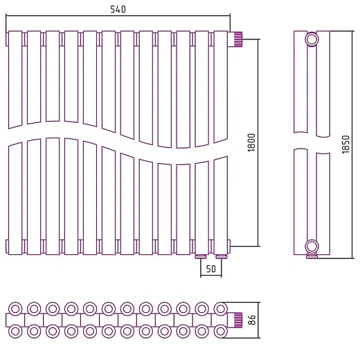 Радиатор стальной трубчатый Сунержа Эстет-00 EU50, ширина 55 см, высота 180 см, 12 секций, нижнее подключение левое EU50/правое EU50, хром, 00-0322-1812