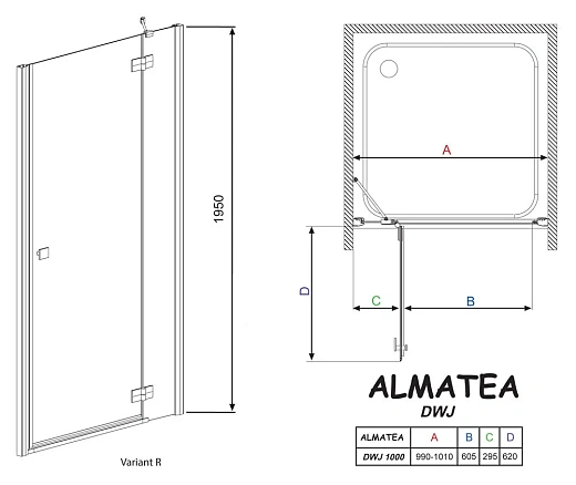 Душевая дверь в нишу Radaway Almatea DWJ 100 прозрачное стекло R 31302-01-01N