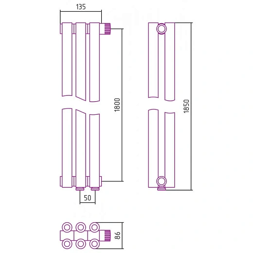 Радиатор трубчатый Сунержа Эстет-00 EU50, 3 секции, нижнее подключение, цвет золото, 03-0322-1803