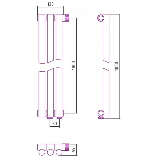 Радиатор трубчатый Сунержа Эстет-1 EU50, 3 секции, левое/правое нижнее подключение, цвет золото, 03-0310-1803/03-0311-1803