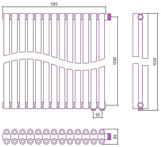 Радиатор стальной трубчатый Сунержа Эстет-00 EU50, ширина 60 см, высота 120 см, 13 секций, нижнее подключение левое EU50/правое EU50, хром, 00-0322-1213