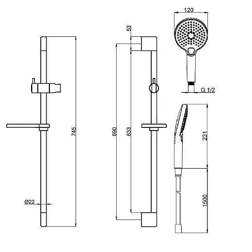 AQM8101GM Душевой гарнитур AQUAme H=790мм, Ø120 мм, 3 режима, мыльница, шланг 1500мм, Gun Metal