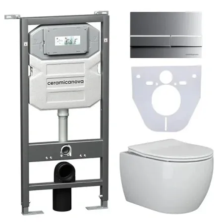 Сет 4 в 1: инсталляция Ceramicanova Envision с подвесным унитазом Play CN3001_1002M_1000 Rimless CN3001, шумоизоляция, кнопка смыва Flat хром матовый