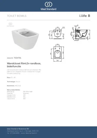 Унитаз подвесной безободковый Ideal Standard i.life B с функцией биде, технология RimLS+, T534701