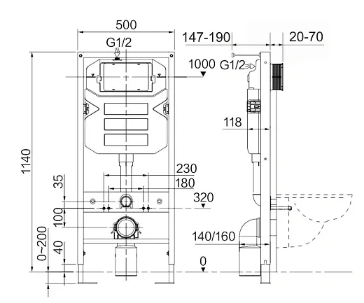 Инсталляция Ceramicanova Envision с унитазом Ceramicanova Metric CN3007_1002B_1000 Rimless CN3007, крышка микролифт, клавиша Flat черный матовый