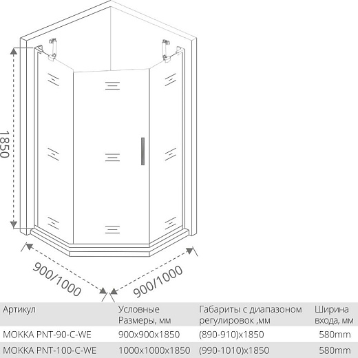 Душевой уголок Good Door Mokka PNT-90-C-WE, 90 х 90 х 185 см, стекло прозрачное, профиль белый, МК00014