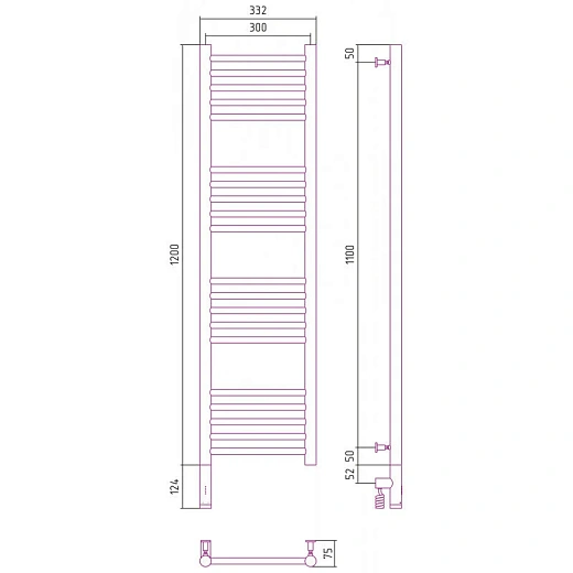 Полотенцесушитель электрический Сунержа Богема 3.0, высота 120 см, ширина 30 см, диммер слева/справа, цвет матовое золото, 032-5804-1230/032-5805-1230