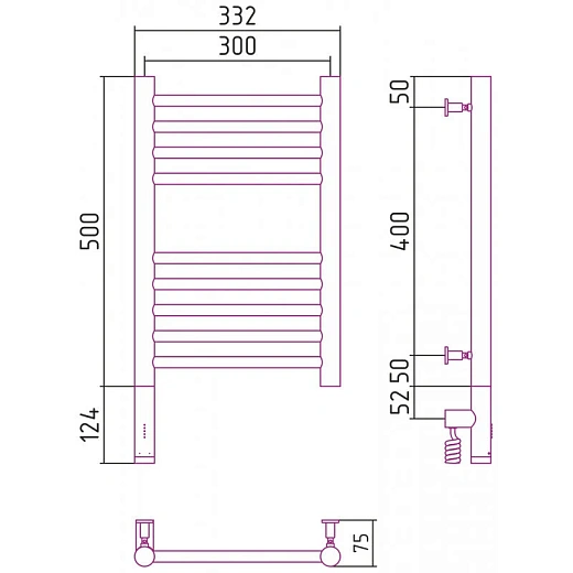 Полотенцесушитель электрический Сунержа Богема 3.0, высота 50 см, ширина 30 см, диммер слева/справа, цвет матовая шампань, 022-5804-5030/022-5805-5030