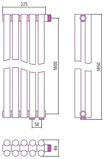 Радиатор стальной трубчатый Сунержа Эстет-11 EU50, ширина 25 см, высота 180 см, 5 секций, нижнее подключение левое EU50/правое EU50, хром, 00-0312-1805