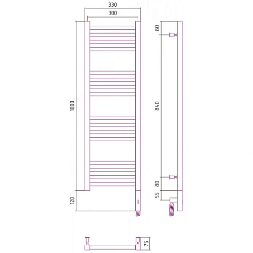 Полотенцесушитель электрический Сунержа Модус 3.0, высота 100 см, ширина 30 см, диммер слева/справа, цвет матовая шампань, 022-5700-1030/022-5701-1030