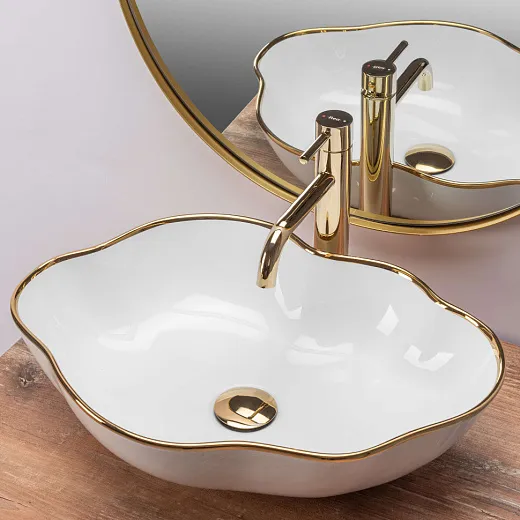 Умывальник Rea Pearl Gold Edge 51,5х37,5 белый/золото, REA-U0696