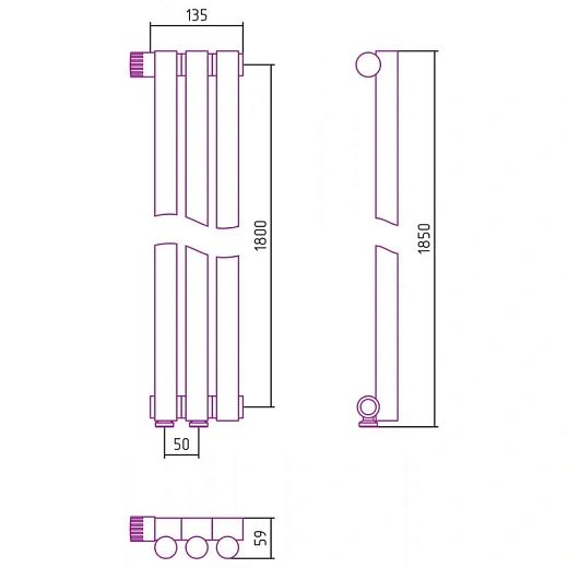 Радиатор трубчатый Сунержа Эстет-1 EU50, 3 секции, левое/правое нижнее подключение, цвет матовое золото, 032-0310-1803/032-0311-1803