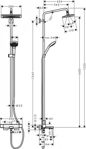 Душевая система Hansgrohe Croma E Showerpipe 280 1jet 27687000 c термостатом и изливом для ванны, хром