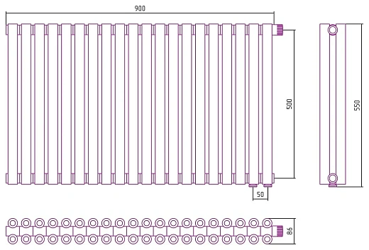 Радиатор стальной трубчатый Сунержа Эстет-00 EU50, ширина 90 см, высота 50 см, 20 секций, нижнее подключение левое EU50/правое EU50, хром, 00-0322-5020