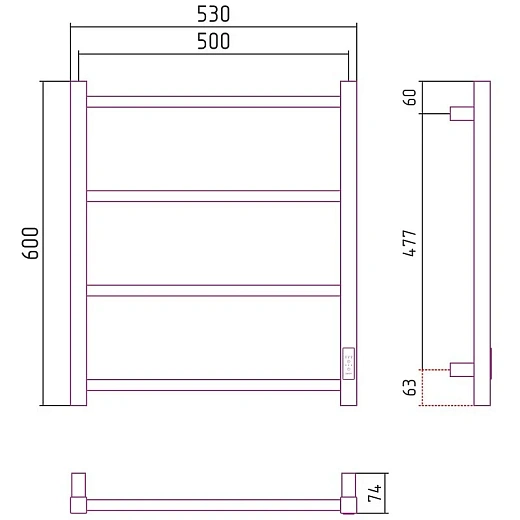 Полотенцесушитель электрический Стилье Формат 26, ширина 50 см, высота 60 см, диммер слева/справа, черный, 31527-6050/31526-6050