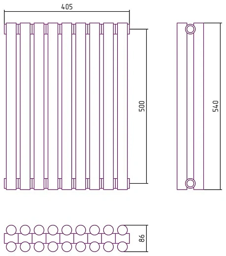 Радиатор стальной трубчатый Сунержа Эстет-11, ширина 40 см, высота 50 см, 9 секций, боковое подключение, хром, 00-0302-5009