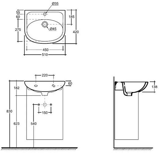 Раковина Volna Рива 50, фарфор, цвет белый