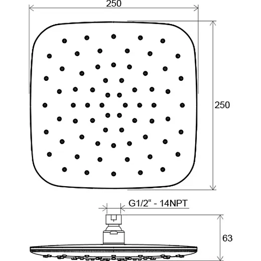 Лейка верхнего душа 25 см, square, чёрный цвет, без держателя