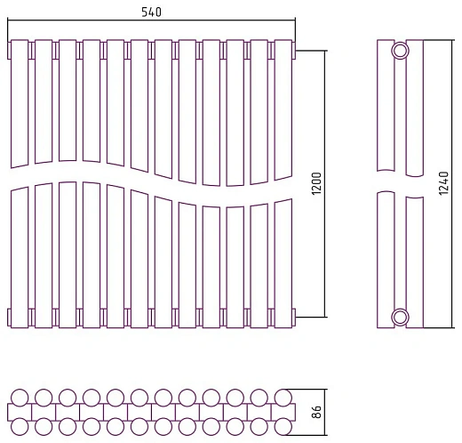 Радиатор стальной трубчатый Сунержа Эстет-11, ширина 55 см, высота 120 см, 12 секций, боковое подключение, хром, 00-0302-1212