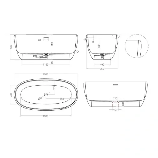 Ванна Salini Luce 100122MF, 150 х 75 см, из искусственного камня S-Stone, с донным клапаном, цвет белый матовый, покраска по RAL полностью