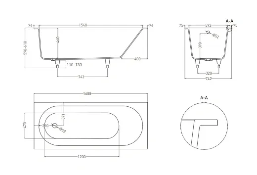 Ванна Salini Лофо UM12222, 170 х 75 см, из искусственного камня Солид Серфейс/Solid Surface, цвет белый матовый