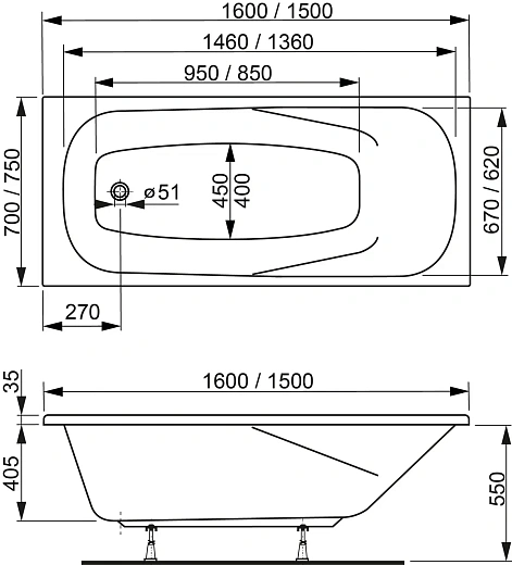 Акриловая ванна VAGNERPLAST ARONIA 150x70