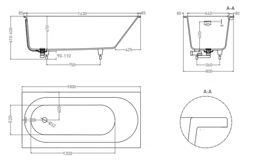 Ванна Salini Ornella Kit 102412GF, 180 х 80 см, из искусственного камня S-Sense, цвет белый глянцевый, покраска по RAL полностью