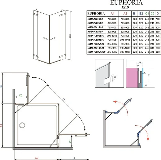 Душевая дверь Radaway Euphoria KDD 90/R, 90 х 200 см, стекло прозрачное, профиль хром, правая, 383060-01R