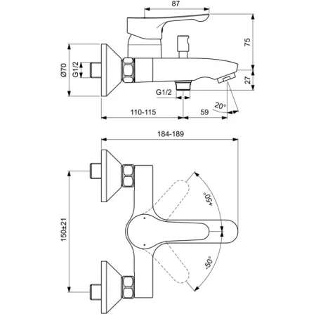 Смеситель для ванны/душа настенный  Ideal Standard DOT 2.0 BC326AA