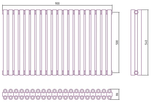 Радиатор стальной трубчатый Сунержа Эстет-00, ширина 90 см, высота 50 см, 20 секций, боковое подключение, хром, 00-0332-5020