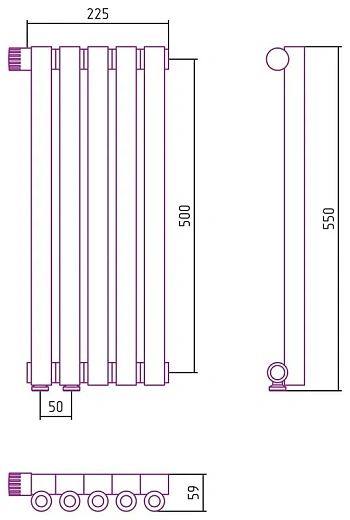 Радиатор стальной трубчатый Сунержа Эстет-0 EU50, ширина 25 см, высота 50 см, 5 секций, нижнее подключение левое EU50/правое EU50, хром, 00-0320-5005/00-0321-5005