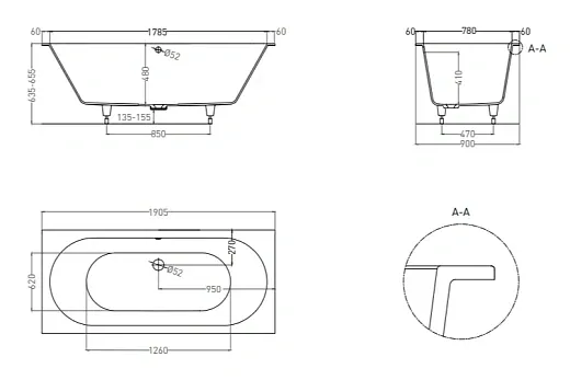 Ванна Salini Ornella Axis 103412MF, 190 х 90 см, из искусственного камня S-Sense, цвет белый матовый, покраска по RAL полностью