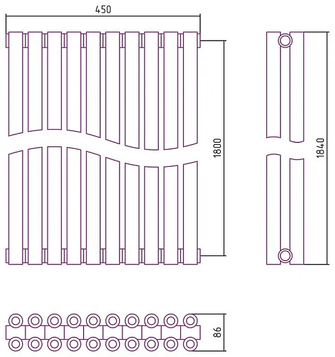 Радиатор стальной трубчатый Сунержа Эстет-00, ширина 45 см, высота 180 см, 10 секций, боковое подключение, хром, 00-0332-1810