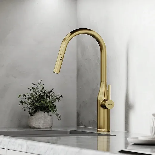 Смеситель для кухонной мойки Sancos Grand SC4002BG, с выдвижным изливом, цвет золото брашированное, PVD покрытие