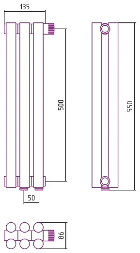 Радиатор стальной трубчатый Сунержа Эстет-11 EU50, ширина 15 см, высота 50 см, 3 секции, нижнее подключение левое EU50/правое EU50, хром, 00-0312-5003