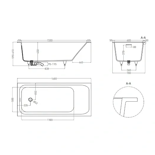 Ванна Salini Orlanda Kit 102115MF 160 х 70 см, из искусственного камня S-Sense, с донным клапаном, цвет белый матовый, покраска по RAL полностью