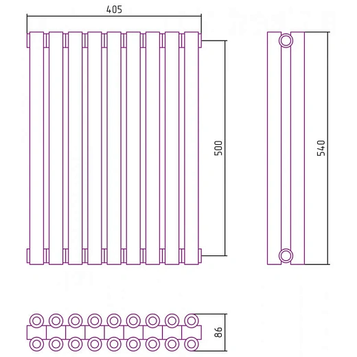 Радиатор отопления Сунержа Эстет-00, ширина 40.5 см, высота 50 см, 9 секций, боковое подключение, цвет матовая шампань, 022-0332-5009