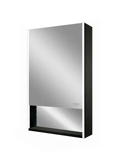 Зеркальный шкаф Filit Black 600х800 левый, лента в алюминиевом профиле, датчик движения (с функцией изменения яркости), розетка, логотип "Continent", открытая зеркальная ниша МВК188