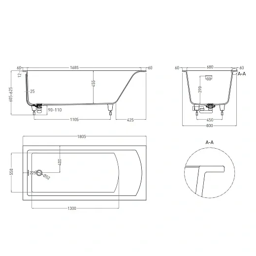 Ванна Salini Cascata Kit 104513MF, 180 х 80 см, из искусственного камня S-Sense, с донным клапаном, цвет белый матовый, покраска по RAL полностью
