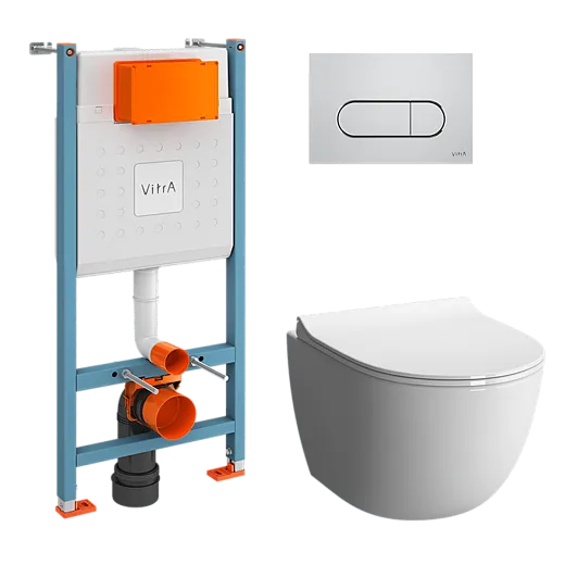 Инсталляция с унитазом VitrA Sento 9830B003-7212 комплект 4 в 1 с сиденьем микролифт безободковый цвет клавиши глянцевый хром