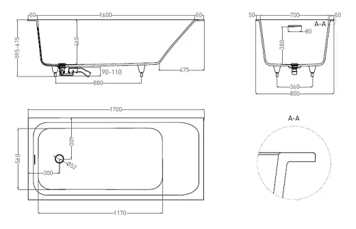 Ванна Salini Orlanda Kit 102116GF, 170 х 80 см, из искусственного камня S-Sense, цвет белый глянцевый, покраска по RAL полностью