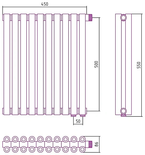 Радиатор стальной трубчатый Сунержа Эстет-00 EU50, ширина 45 см, высота 50 см, 10 секций, нижнее подключение левое EU50/правое EU50, хром, 00-0322-5010