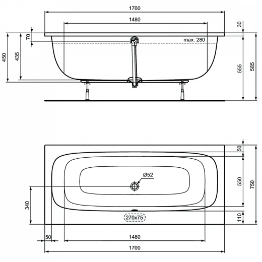Ванна акриловая прямоугольная Ideal Standard Duo T476301 170x75см,
