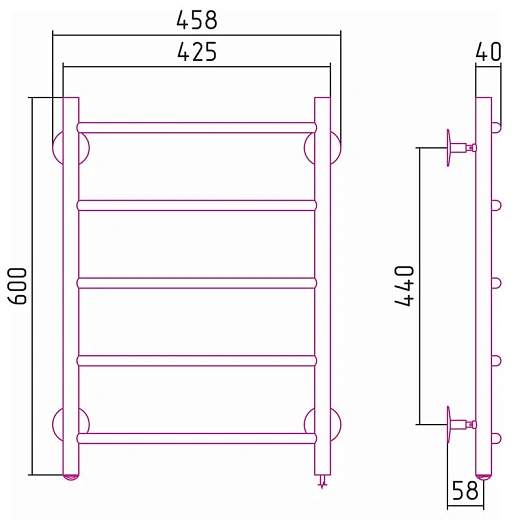 Полотенцесушитель электрический Стилье Формат 40 П/Л 00540-6040/00541-6040, 600x400, хром