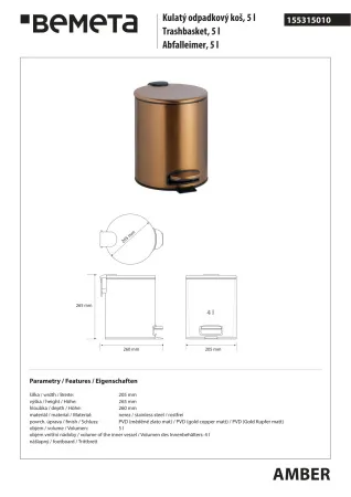 Корзина для мусора Bemeta Amber 155315010, 5 л, медное золото матовое
