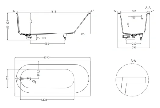 Ванна Salini Лофо UM12323, 180 х 80 см, из искусственного камня Солид Серфейс/Solid Surface, сифон, донный клапан, ножки, цвет белый матовый