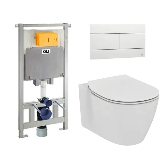 Комплект: инсталляция OLI 80 + клавиша смыва Slim белая + унитаз подвесной Ideal Standard Connect AquaBlade с сиденьем Soft-Close, 885111+659041+E047901+E772401