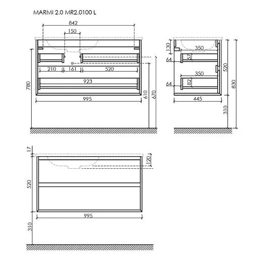 Тумба под раковину Sancos Marmi 2.0 MR2.0100LECH/MR2.0100RECH, 100 см, подвесная, цвет дуб чарльстон, левая/правая