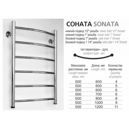 Полотенцесушитель водяной Ростела Соната (бок.подв., 1" резьба) 500х600 / 6 Ral 9016 белый