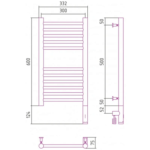 Полотенцесушитель электрический Сунержа Богема 3.0, высота 60 см, ширина 30 см, диммер слева/справа, цвет шампань, 020-5804-6030/020-5805-6030